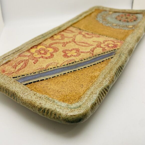 Laurie Pollpeter Eskenazi Ceramic Stoneware Tray Hand Painted Quilted Trinket - Picture 2 of 9